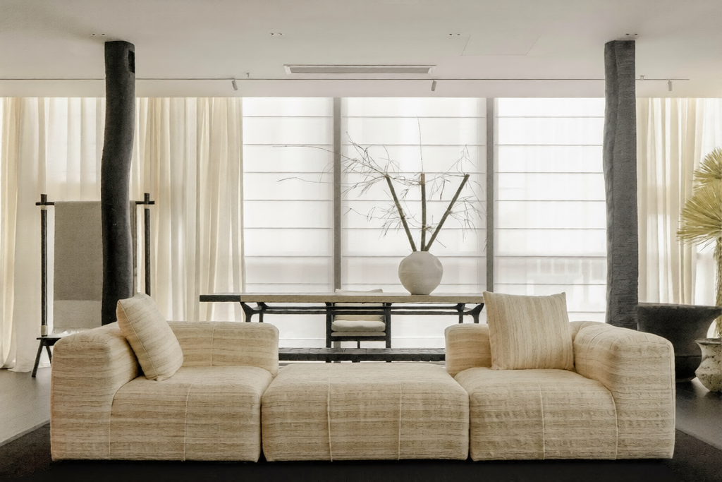 「Moonraker」Striped Linen-Wool Modular Cloud Sectional Sofa-4-Piece L-Shape