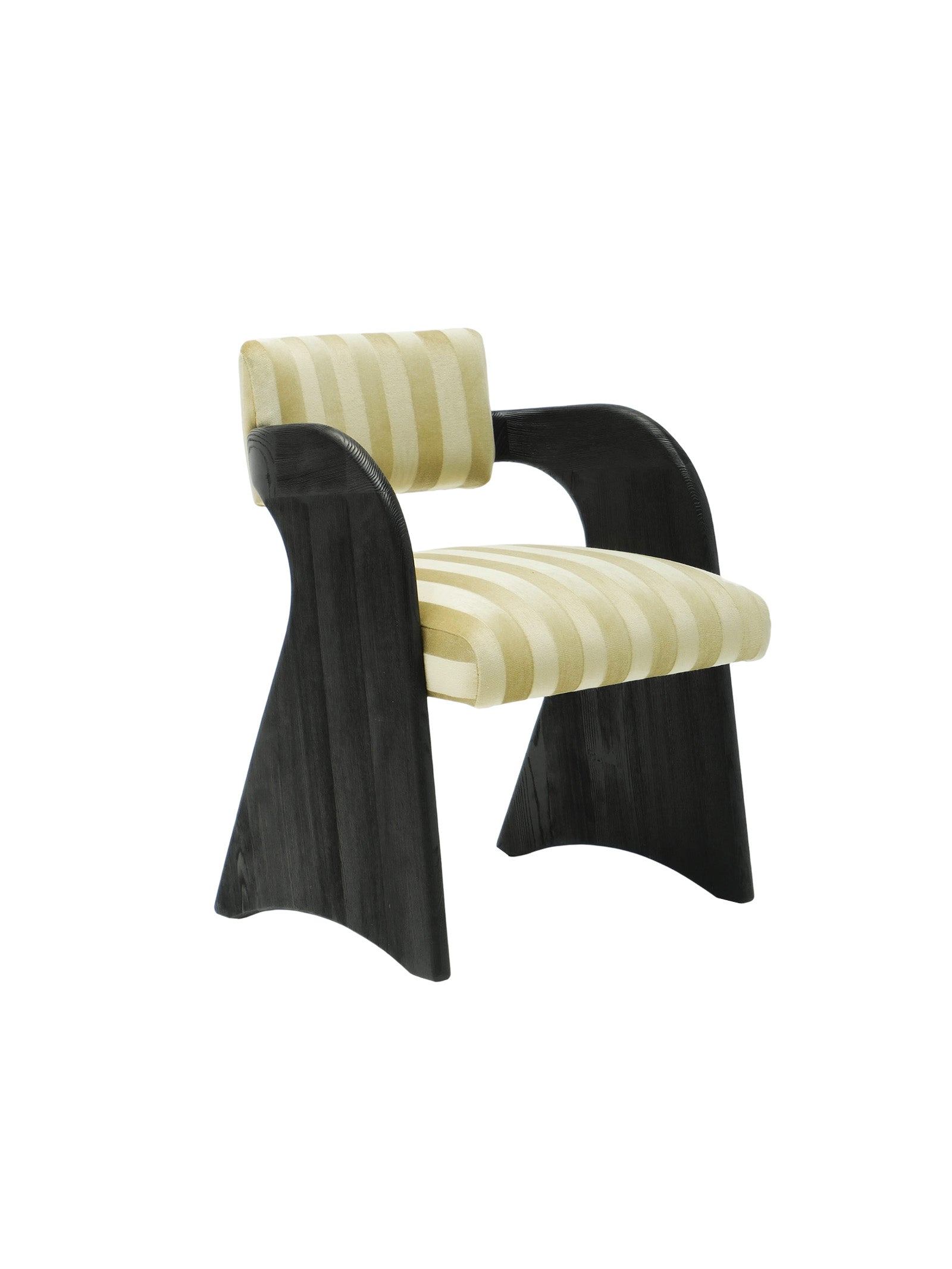 Chair with black frame and yellow striped cushions Kekexili sculptural accent chair with solid red oak frame, deep groove detailing, and plush striped velvet upholstery for modern luxury interiors.Premium quiet luxury accent chair with sculptural silhouette and soft striped velvet fabric, ideal for contemporary dining rooms and boutique hotel spaces.
