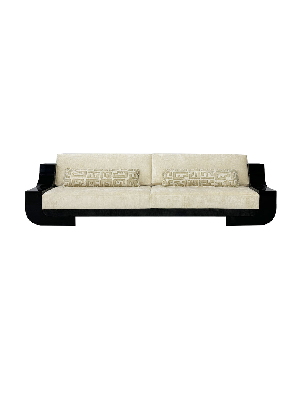 Kunlun Art Deco-inspired sofa with high-gloss piano black frame, soft neutral upholstery, and geometric accent pillows for modern luxury interiors.