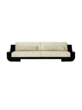 Kunlun Art Deco-inspired sofa with high-gloss piano black frame, soft neutral upholstery, and geometric accent pillows for modern luxury interiors.