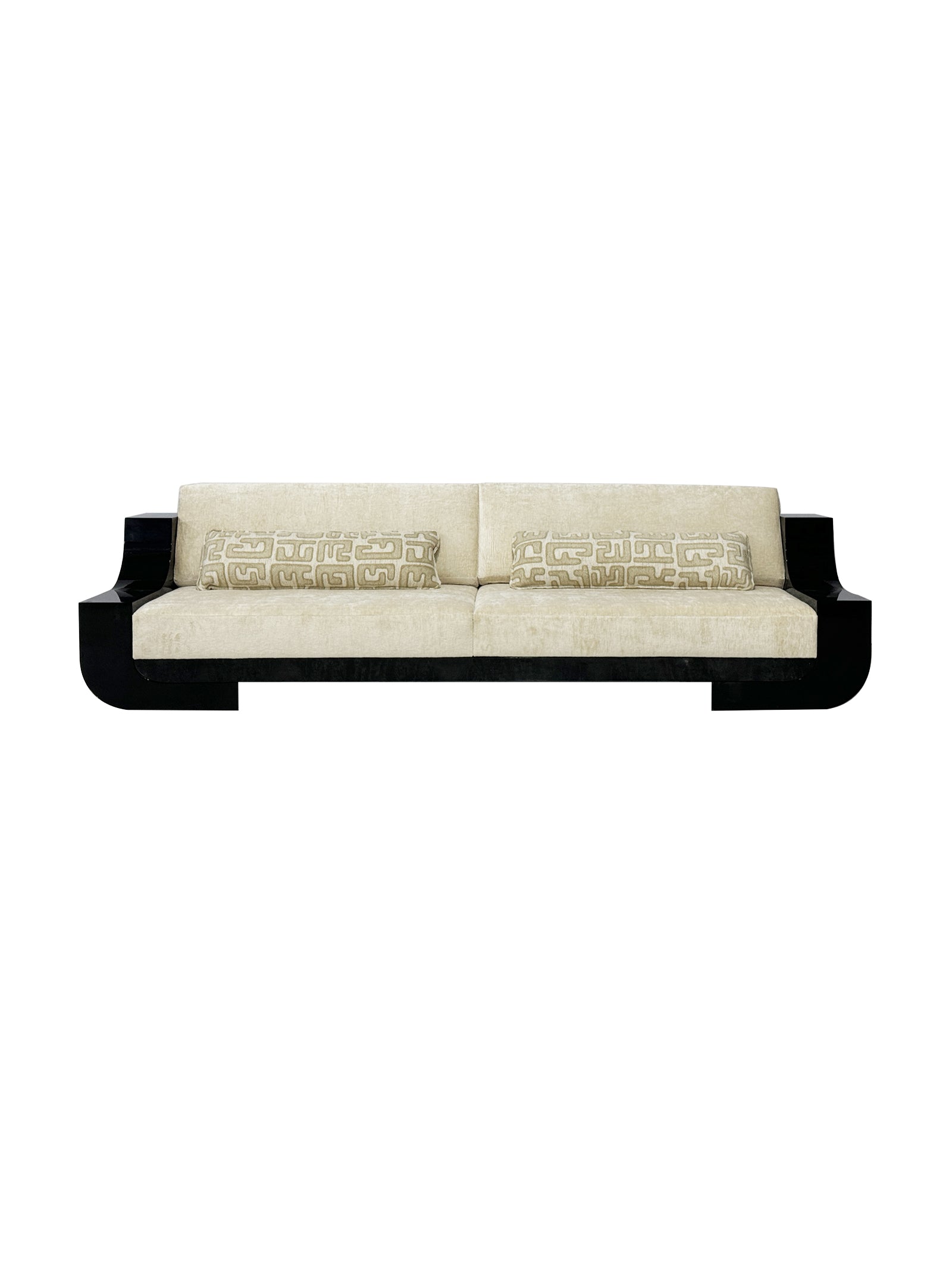 Kunlun Art Deco-inspired sofa with high-gloss piano black frame, soft neutral upholstery, and geometric accent pillows for modern luxury interiors.