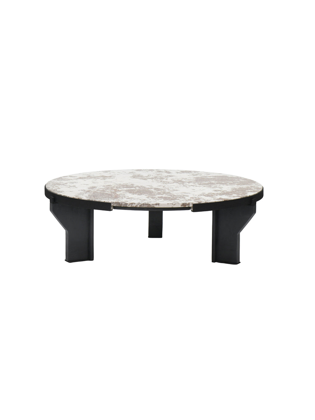 Round coffee table with marble top and black base，Premium quiet luxury round coffee table with authentic cherry blossom stone and sturdy frame, ideal for contemporary living rooms and hotel lobbies.