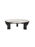 Round coffee table with marble top and black base，Premium quiet luxury round coffee table with authentic cherry blossom stone and sturdy frame, ideal for contemporary living rooms and hotel lobbies.
