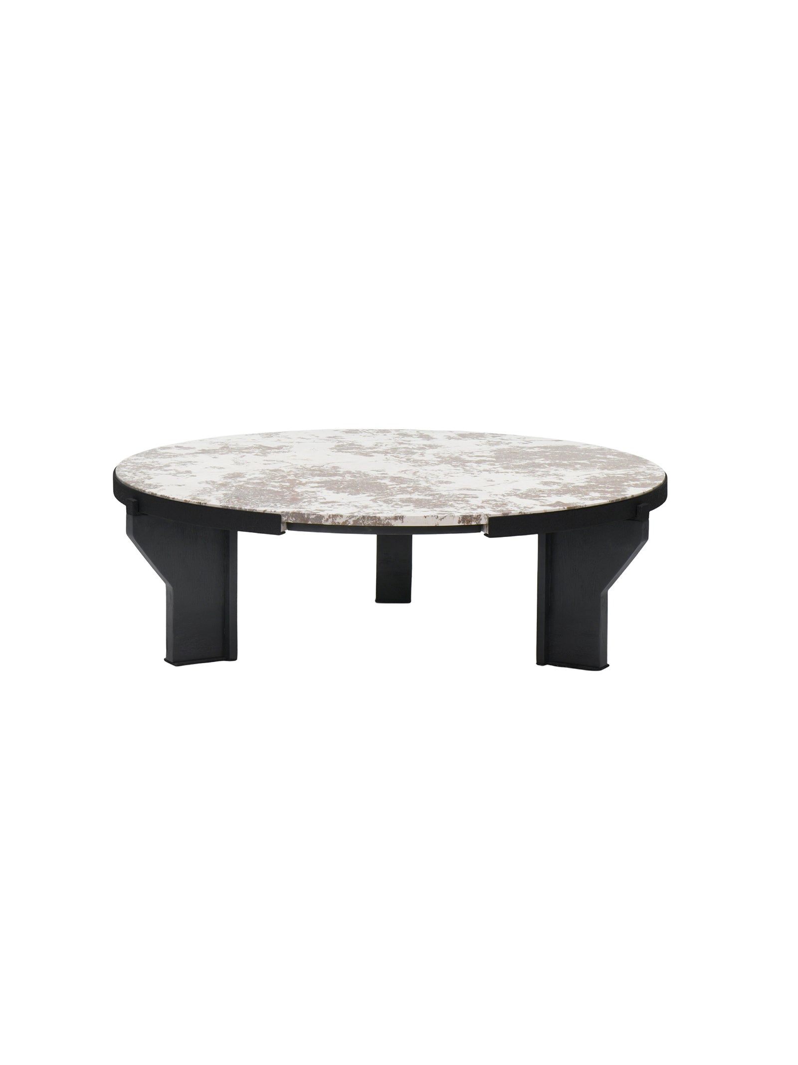 Round coffee table with marble top and black base，Premium quiet luxury round coffee table with authentic cherry blossom stone and sturdy frame, ideal for contemporary living rooms and hotel lobbies.