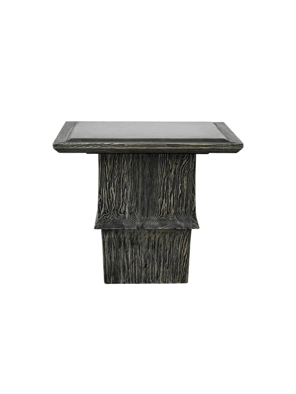 Decorative side table with textured base and marble top，Lumina sculptural side table with tiered pine wood base and natural stone top, organic modern accent piece for luxury interiors.