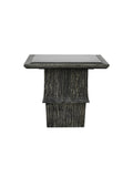 Decorative side table with textured base and marble top，Lumina sculptural side table with tiered pine wood base and natural stone top, organic modern accent piece for luxury interiors.