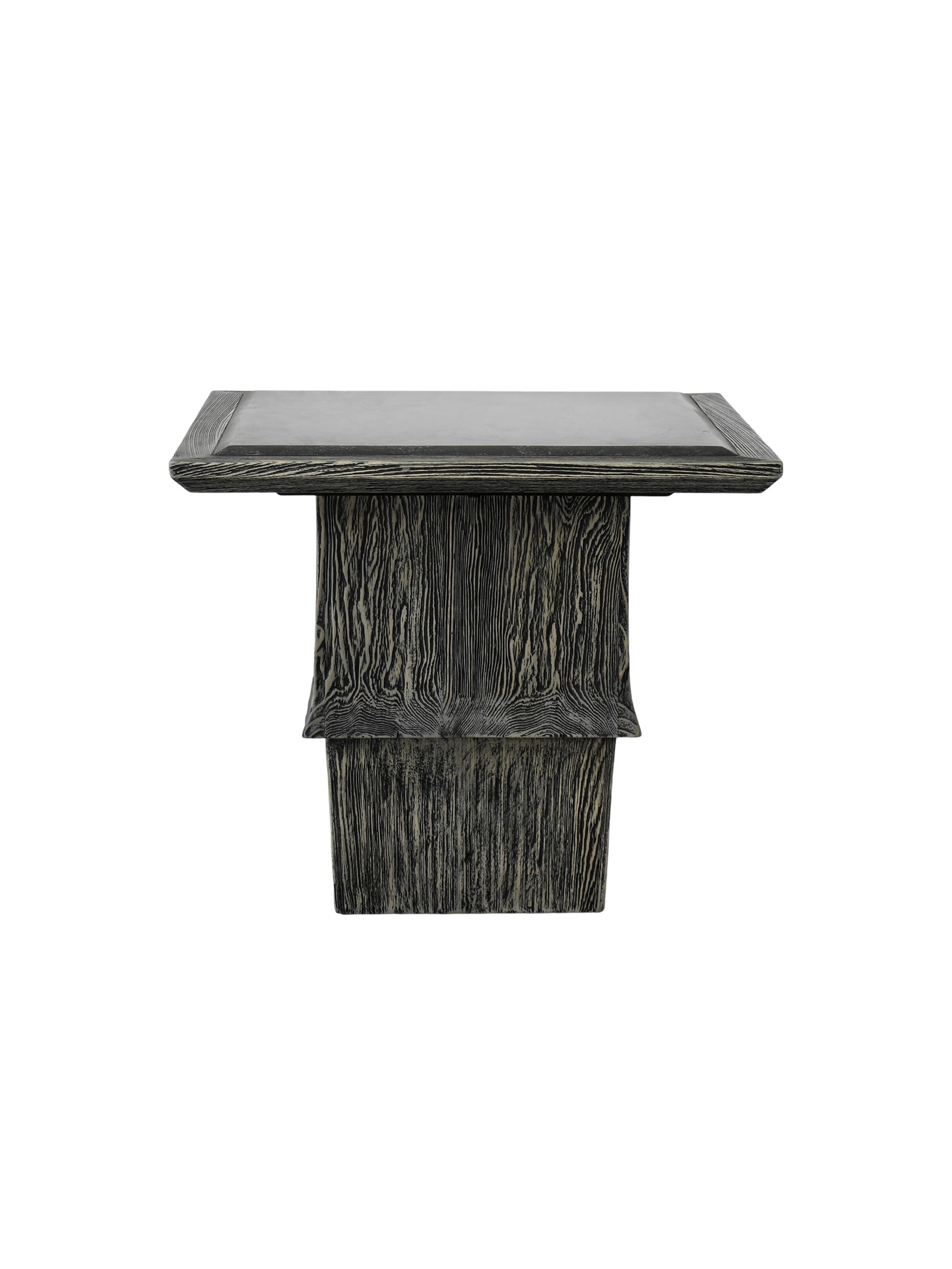 Decorative side table with textured base and marble top，Lumina sculptural side table with tiered pine wood base and natural stone top, organic modern accent piece for luxury interiors.