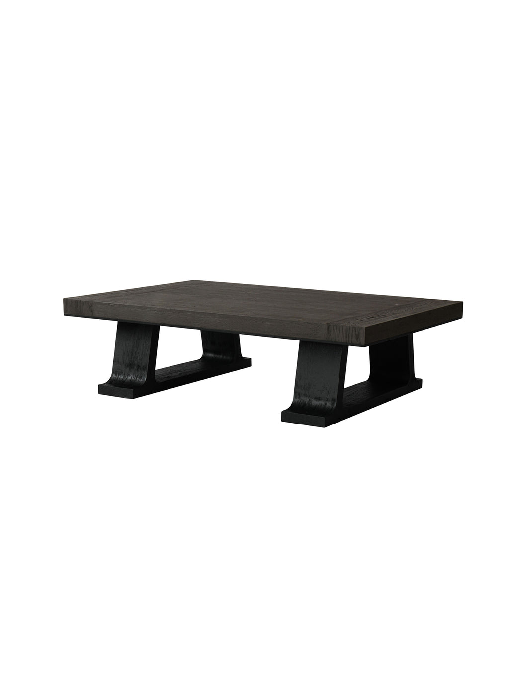 Lumina rectangular wood coffee table with oak crackle veneer top and rubber wood/iron frame, low-profile lounge table for modern luxury interiors.