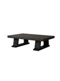 Lumina rectangular wood coffee table with oak crackle veneer top and rubber wood/iron frame, low-profile lounge table for modern luxury interiors.
