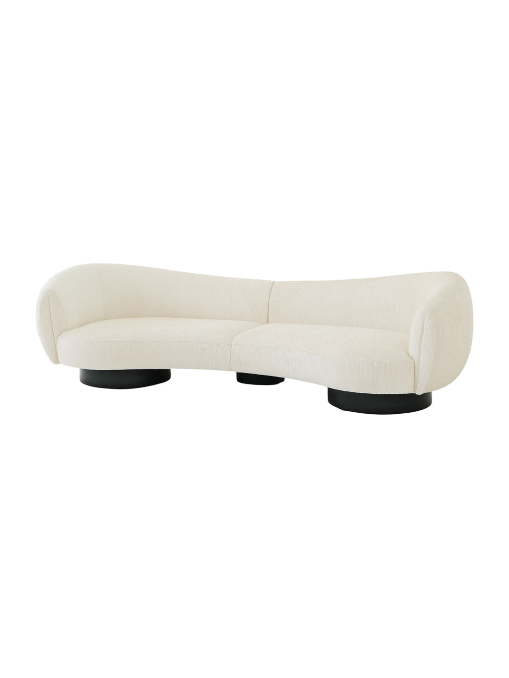 Moon Embrace Modern Minimalist Cloud Bouclé Curved Sofa with fluid arc silhouette, plush upholstery, and solid beech wood frame for luxury interiors.Premium quiet luxury curved sofa with cloud-like bouclé fabric, ideal for contemporary living rooms and boutique hotel spaces.