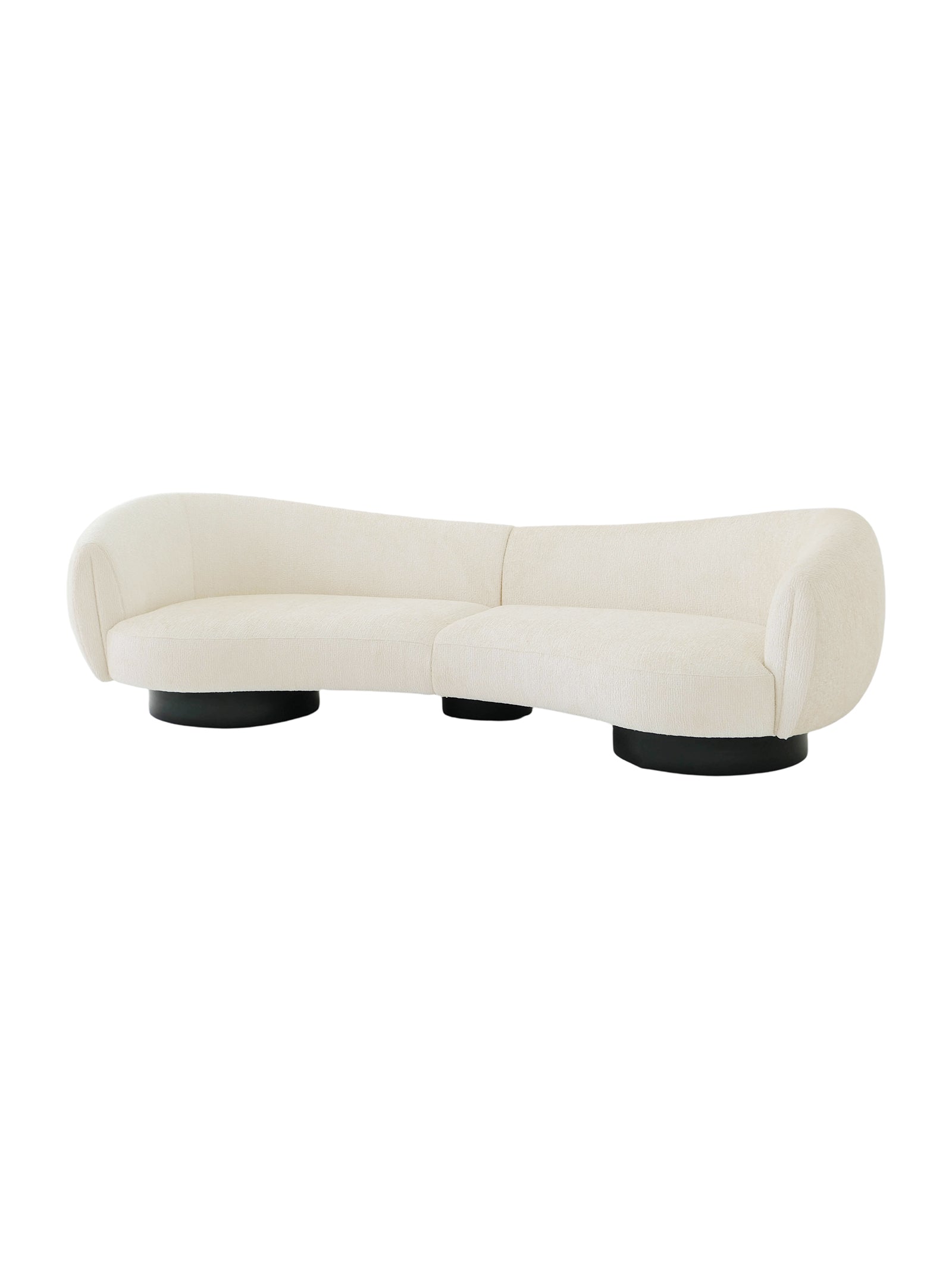 Moon Embrace Modern Minimalist Cloud Bouclé Curved Sofa with fluid arc silhouette, plush upholstery, and solid beech wood frame for luxury interiors.Premium quiet luxury curved sofa with cloud-like bouclé fabric, ideal for contemporary living rooms and boutique hotel spaces.
