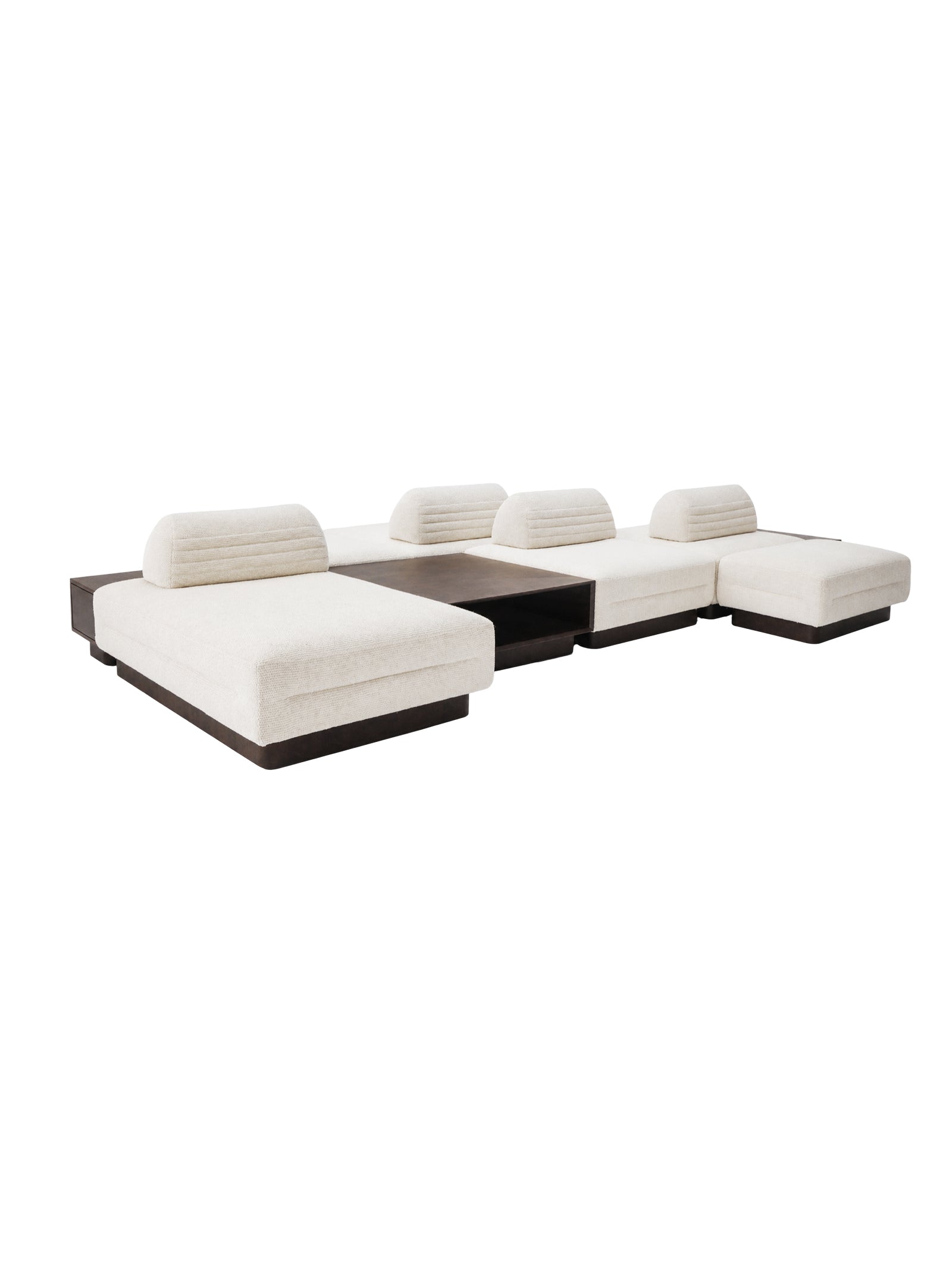 Modern sectional sofa with white cushions ，SÍSÍ ROUGE modular sectional sofa with integrated walnut burl storage table, ten-module quiet luxury living system for modern interiors.