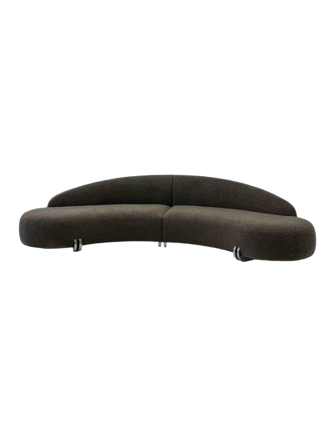  Moon Glow sculptural curved sofa with seamless integrated soft upholstery, lunar-phase flowing organic silhouette, European beech frame and slim metal legs for quiet luxury large living spaces.