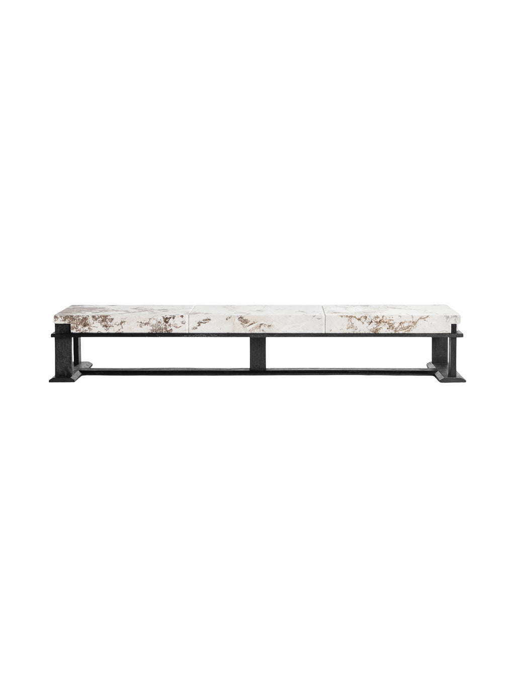 low-profile lounge table with natural cherry blossom stone top and rubber wood frame, linear floor-level accent table for modern luxury interiors.