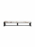 low-profile lounge table with natural cherry blossom stone top and rubber wood frame, linear floor-level accent table for modern luxury interiors.