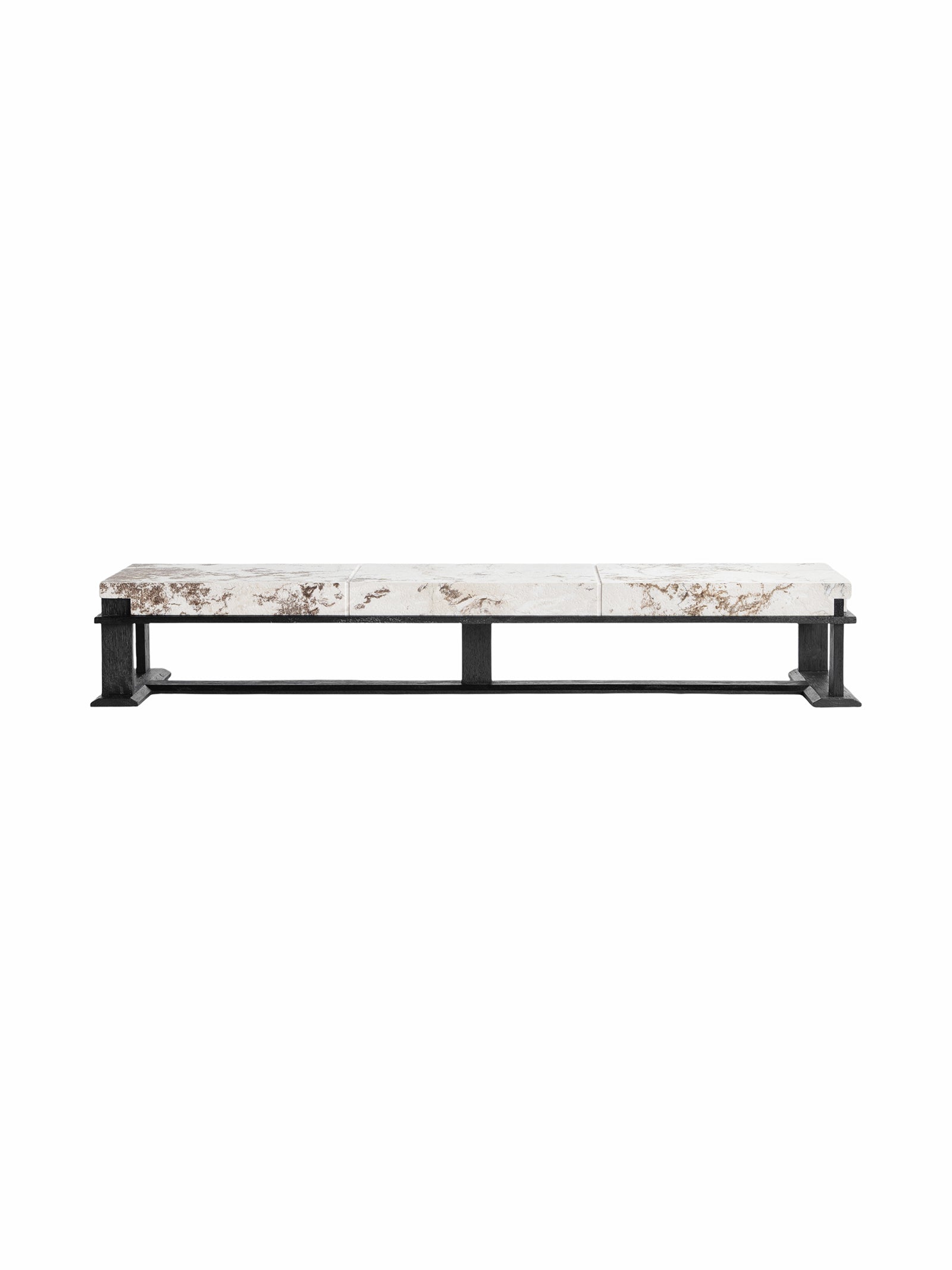 low-profile lounge table with natural cherry blossom stone top and rubber wood frame, linear floor-level accent table for modern luxury interiors.