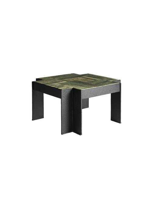 Square table with green marble top and black base， low-profile side table with Amazon Green natural stone top and iron frame, geometric plinth design for bedrooms and lounges.