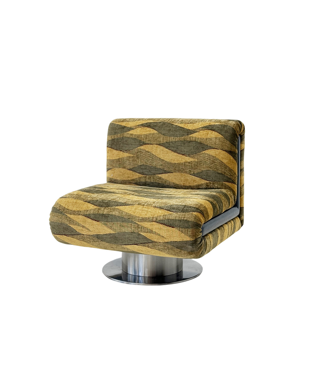 Olin swivel lounge chair with retro-inspired wave-patterned upholstery, sculptural silhouette, and polished stainless steel base for modern luxury interiors.