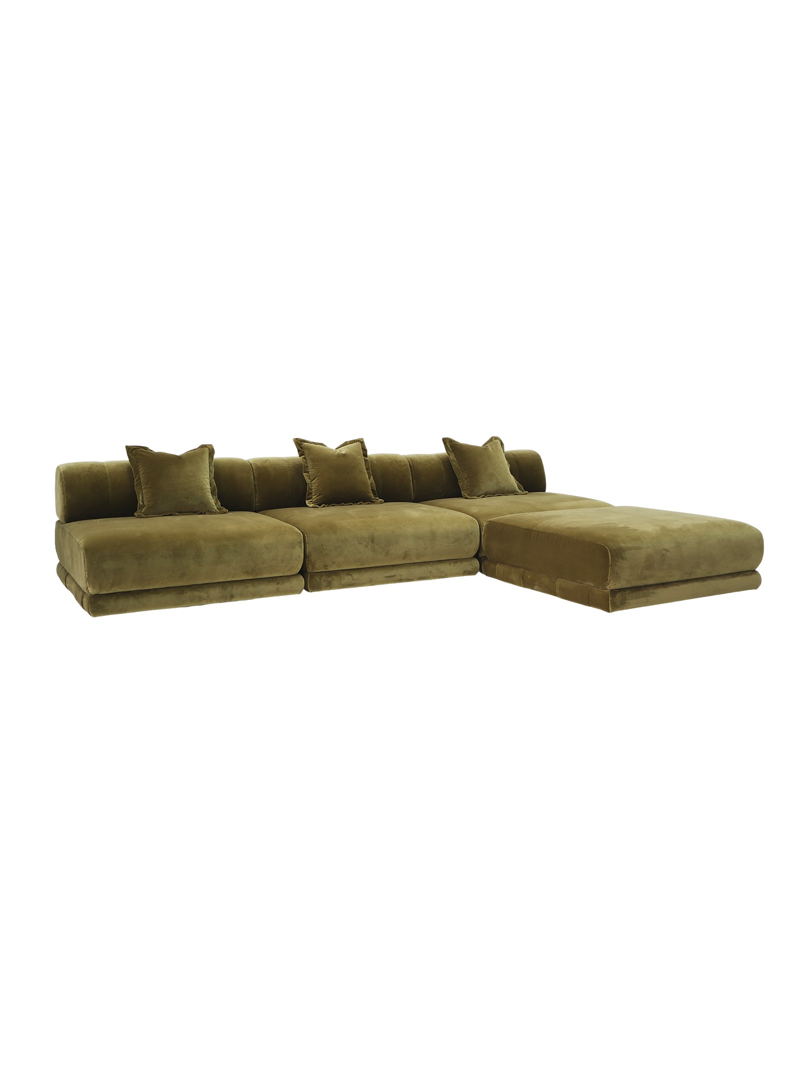 Olive Vista modular velvet sectional sofa with soft rounded silhouette, rich olive upholstery, and solid beech wood frame for modern luxury interiors.mium quiet luxury modular velvet sofa with plush ergonomic comfort, ideal for contemporary living rooms and boutique hotel spaces.