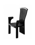 Organ Pipe artistic sculptural dining arm chair, flowing vertical ribbed silhouette, mirror black piano high-gloss lacquer solid wood frame, saddle leather seat for quiet luxury monochrome formal dining interiors.