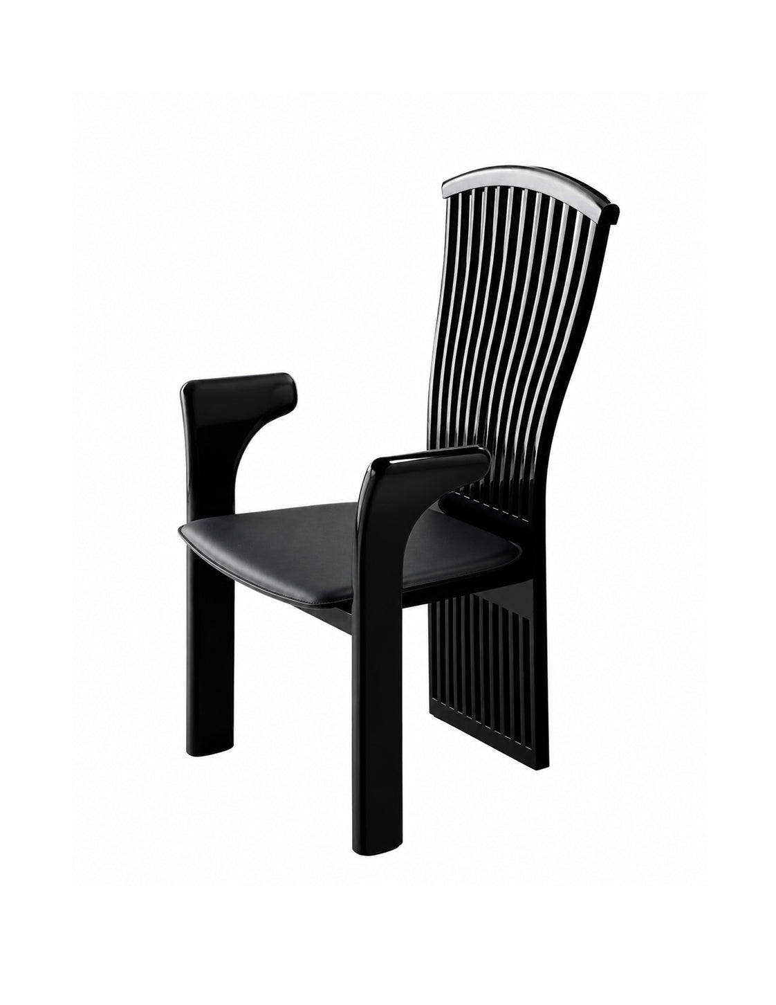 Organ Pipe artistic sculptural dining arm chair, flowing vertical ribbed silhouette, mirror black piano high-gloss lacquer solid wood frame, saddle leather seat for quiet luxury monochrome formal dining interiors.