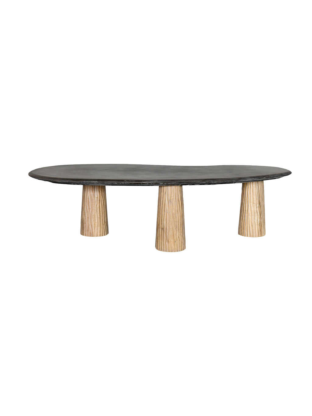 Tianqing sculptural coffee table with cloud-shaped natural stone top and textured oak legs, organic lounge table for modern luxury interiors.