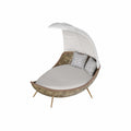 Pale Walnut outdoor daybed with canopy, tropical PE rattan and plush cushions, luxury beach furniture for resorts and villas.