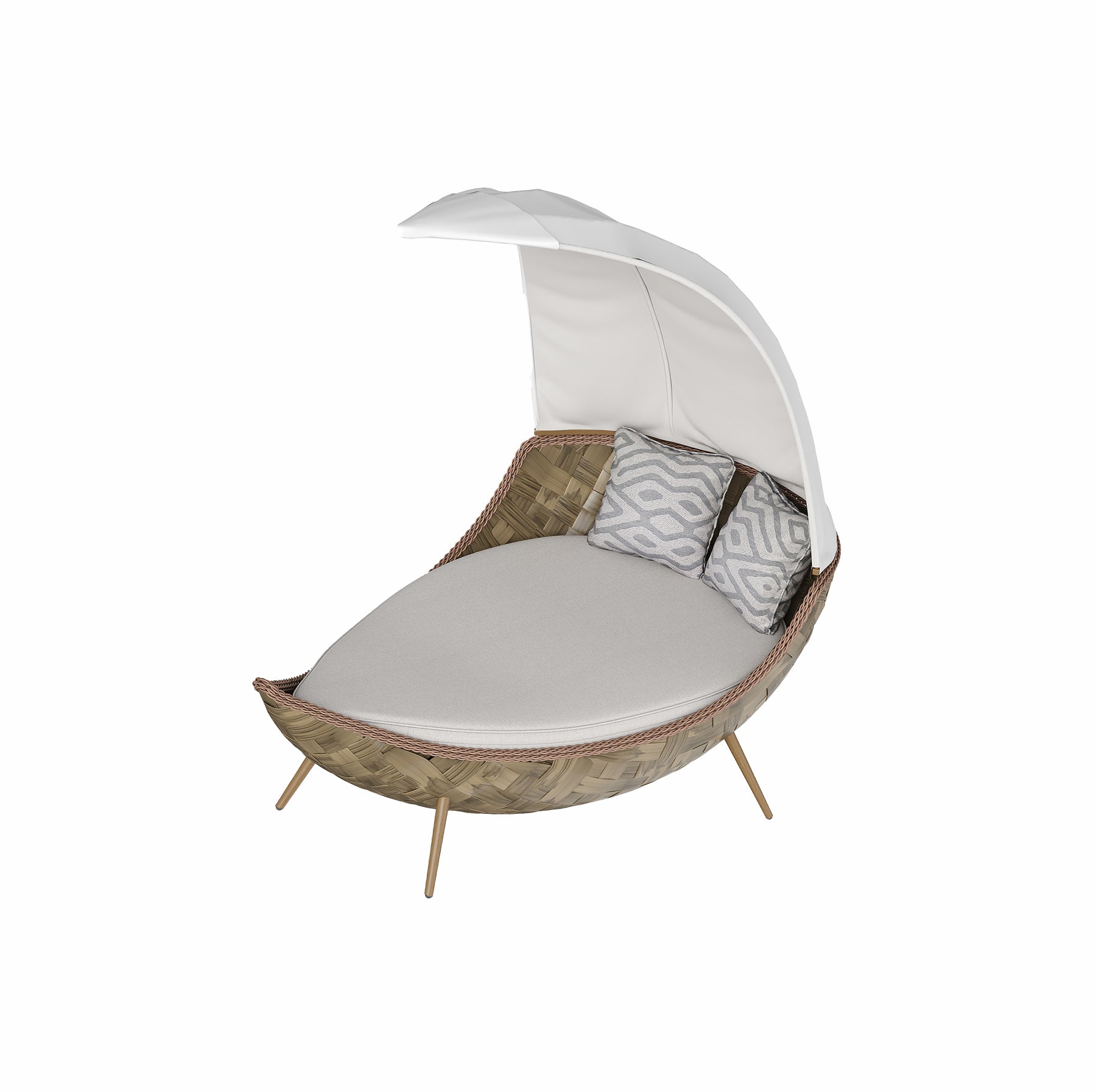 Pale Walnut outdoor daybed with canopy, tropical PE rattan and plush cushions, luxury beach furniture for resorts and villas.