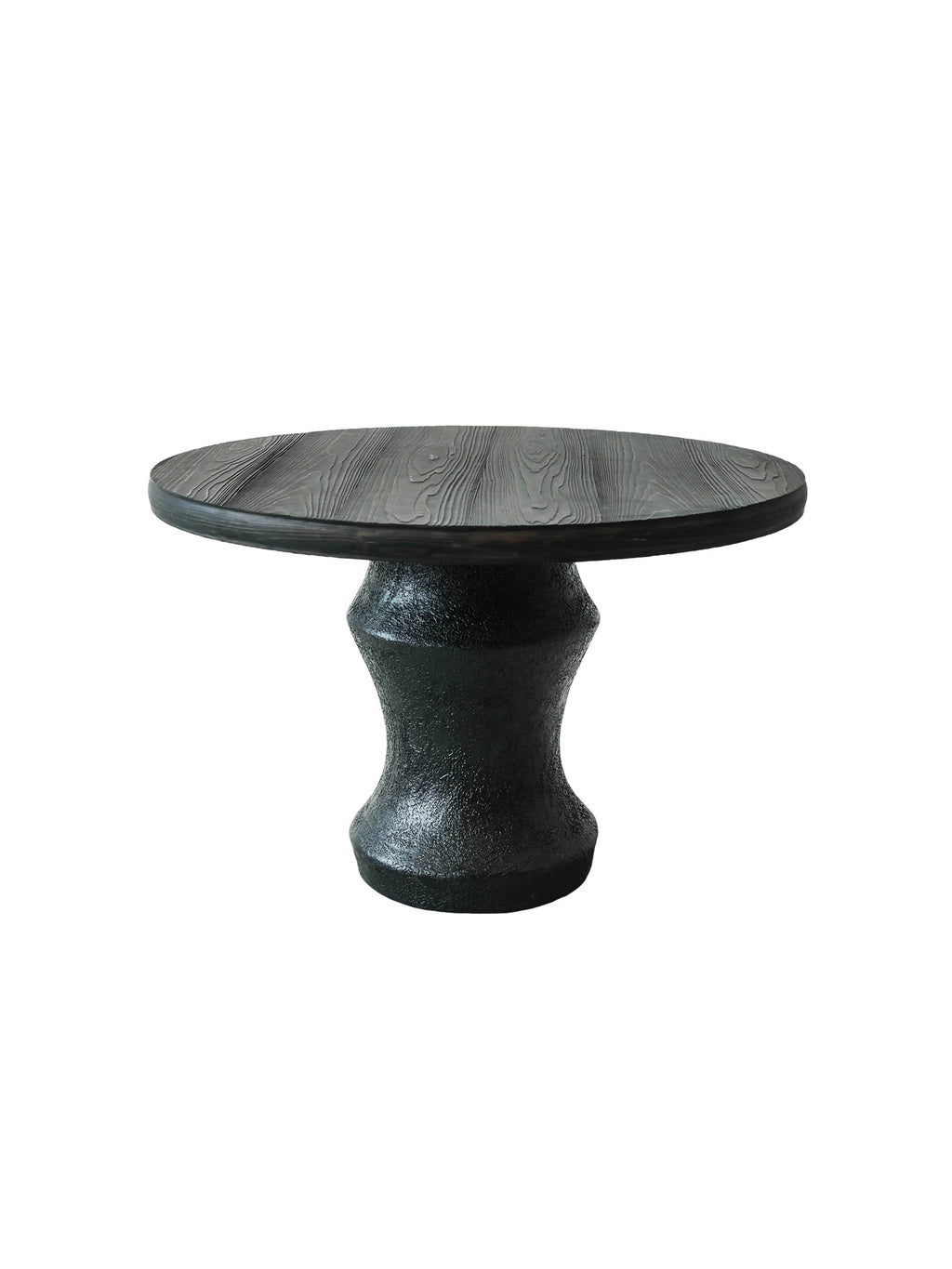 Pine Haven sculptural dining table with charred cedar wood top and textured fiberglass base, organic modern statement piece for luxury interiors.Premium quiet luxury round dining table with charred cedar finish, ideal for contemporary dining rooms and boutique hotel spaces.