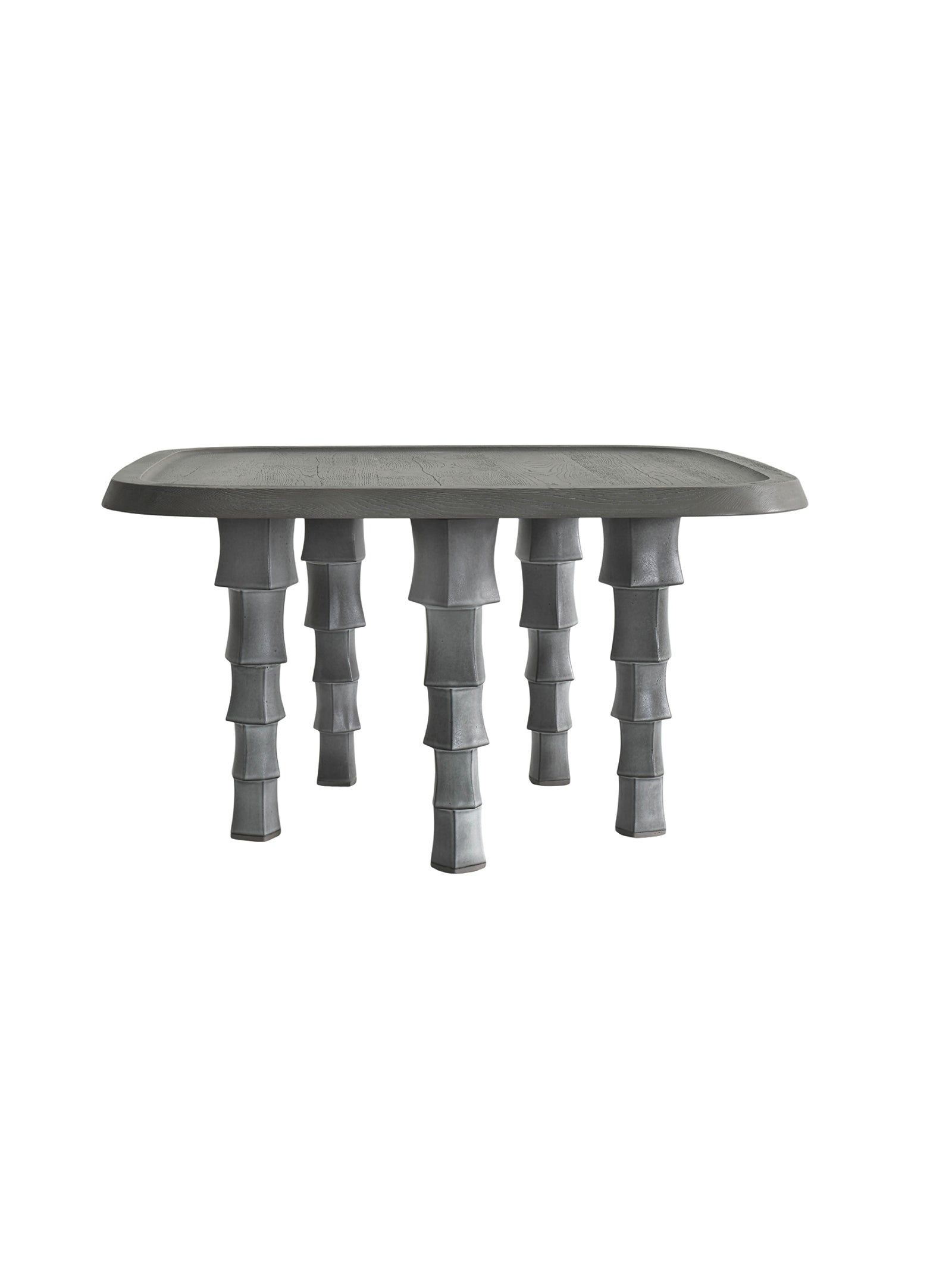 Modern gray dining table with unique cylindrical legs，Premium quiet luxury coffee table with sculptural ceramic legs and oak frame, ideal for contemporary living rooms and hotel lobbies.
