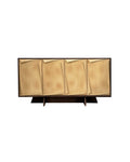 A modern sideboard or credenza with a dark wood base and three large, textured, metallic gold rectangular panels on the front, hand-carved geometric sideboard, solid white ash faceted relief cabinet doors, two-tone wood frame, sculptural quiet luxury storage credenza for dining and entry interiors.