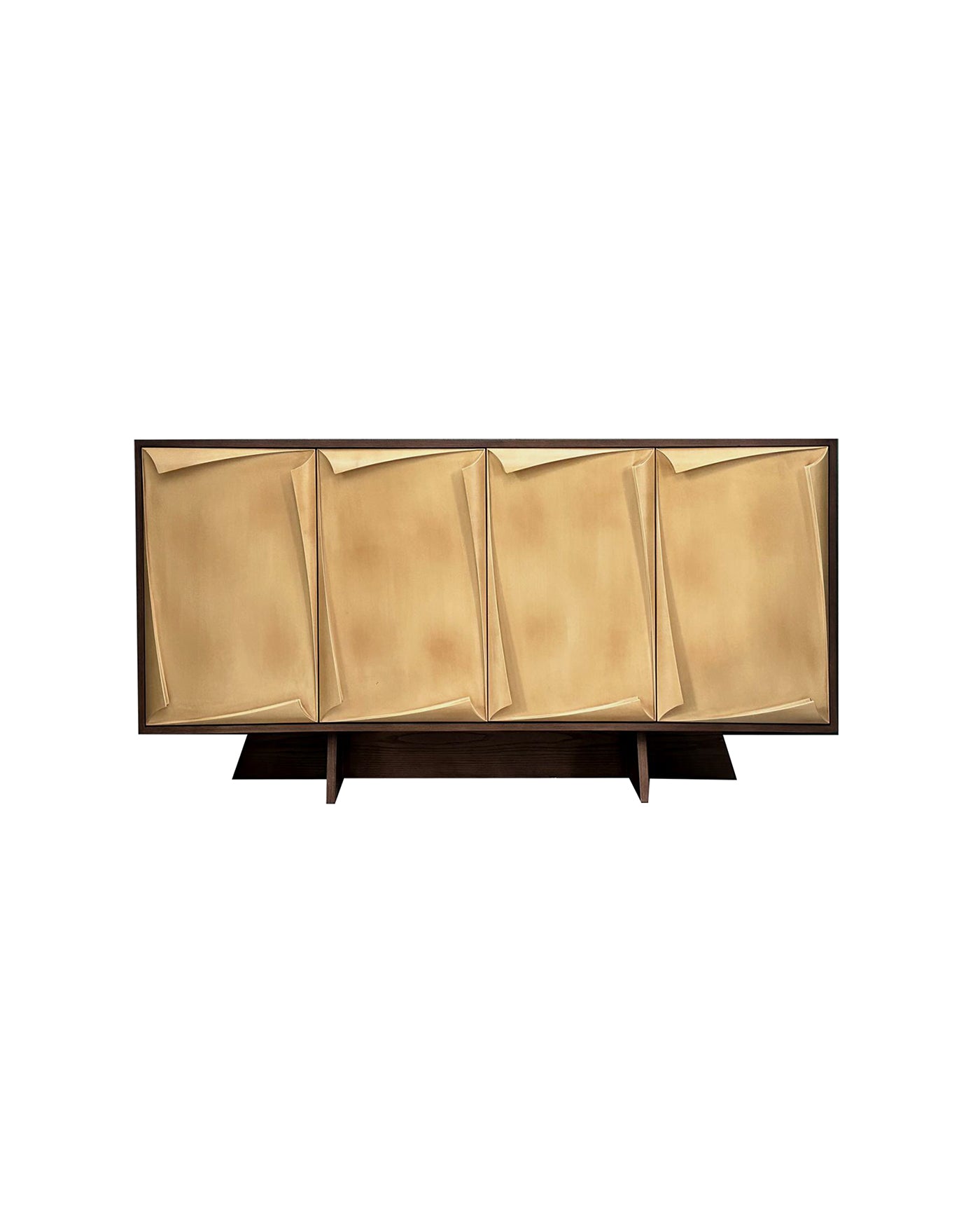 A modern sideboard or credenza with a dark wood base and three large, textured, metallic gold rectangular panels on the front, hand-carved geometric sideboard, solid white ash faceted relief cabinet doors, two-tone wood frame, sculptural quiet luxury storage credenza for dining and entry interiors.