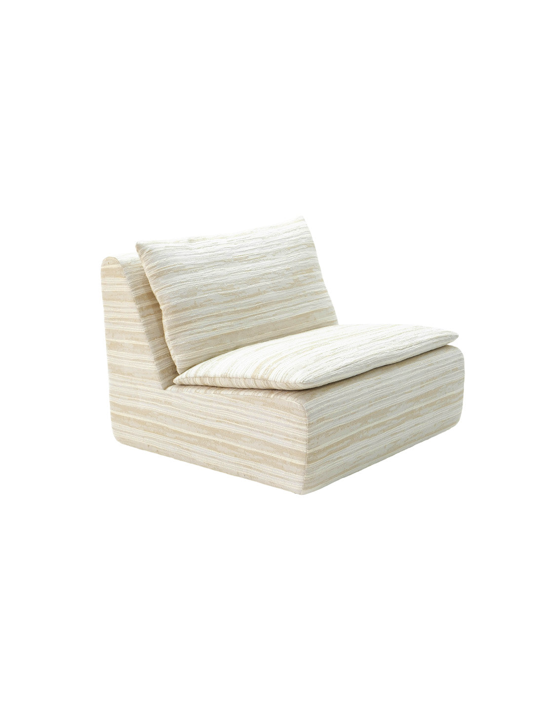 Shallow Shoal single lounge chair with soft edgeless silhouette, muted apricot horizontal stripe textured fabric, European beech wood frame, fully assembled modular accent seating for quiet luxury light minimalist interiors.