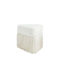 Silk Flow accent stool with plush lamb’s wool top, cascading tassel fringe, and solid wood frame for modern luxury interiors.