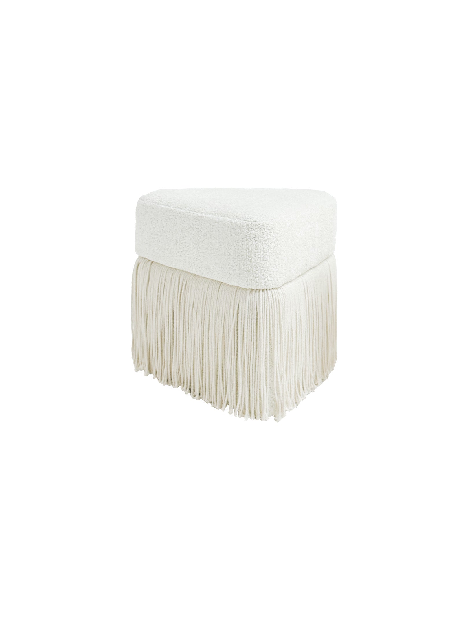 Silk Flow accent stool with plush lamb’s wool top, cascading tassel fringe, and solid wood frame for modern luxury interiors.