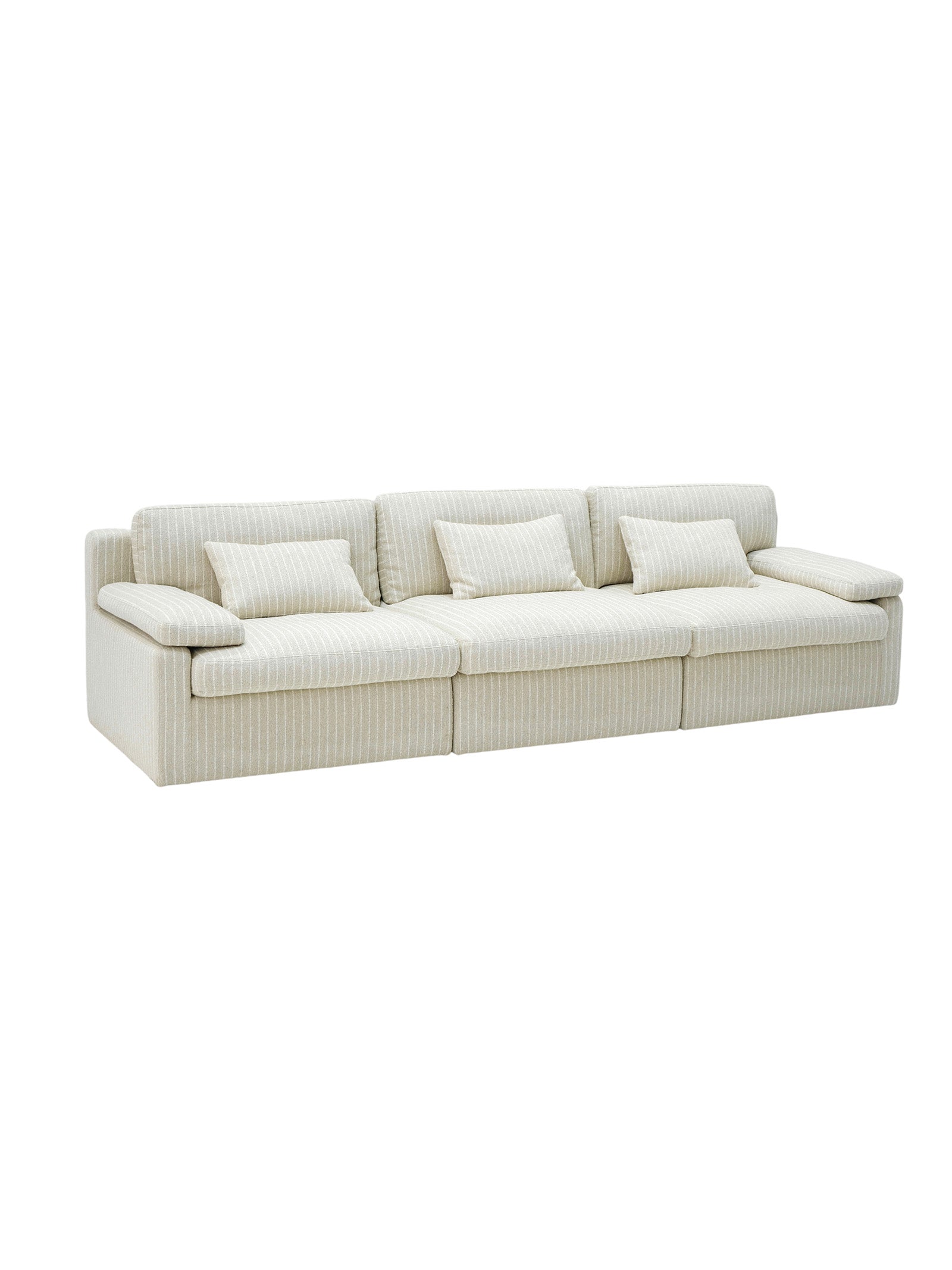 Row of black metal brackets，Soft Shore striped modular straight sofa with minimalist silhouette, soft striped upholstery, and solid beech wood frame for modern luxury interiors.