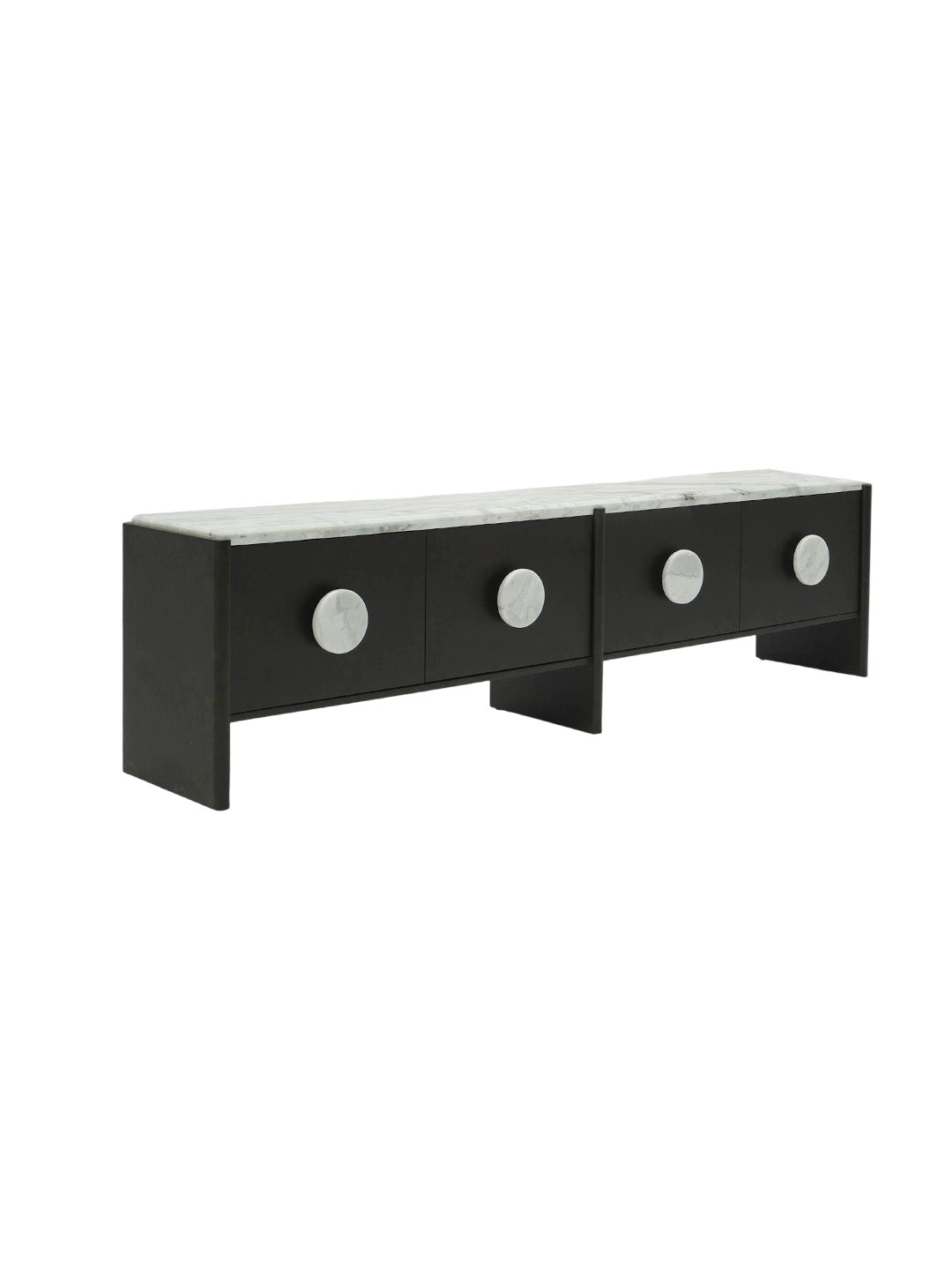 Stream Bridge monochrome storage sideboard, featuring unique ink-wash oriental white stone top, matching stone round handles, matte black ash wood frame and vacuum-friendly base for quiet luxury oriental contemporary interiors.