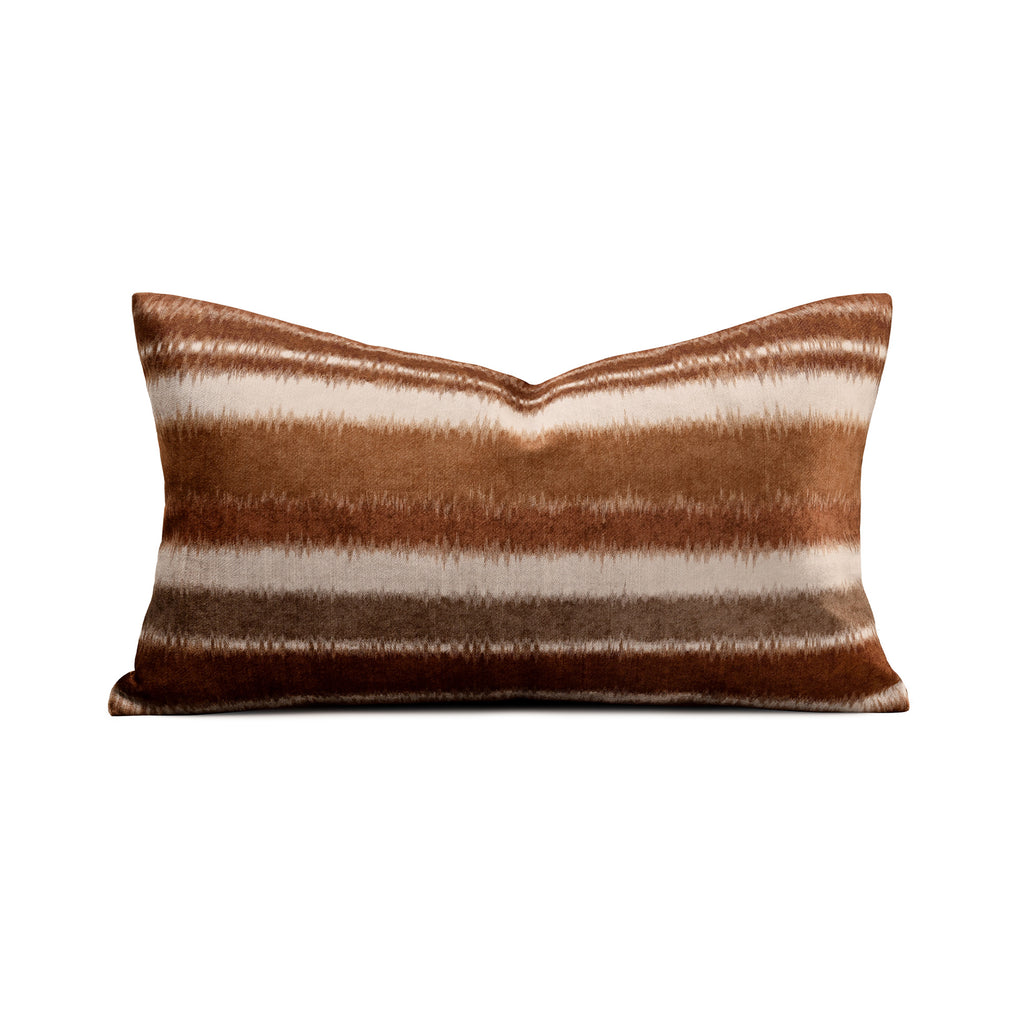 Artisan ikat horizontal‑stripe carved velvet lumbar cushion in warm earth brown & taupe hues, premium goose‑feather insert. Cozy accent pillow for fall season decor, sofas, beds and wabi‑warm home interiors.
