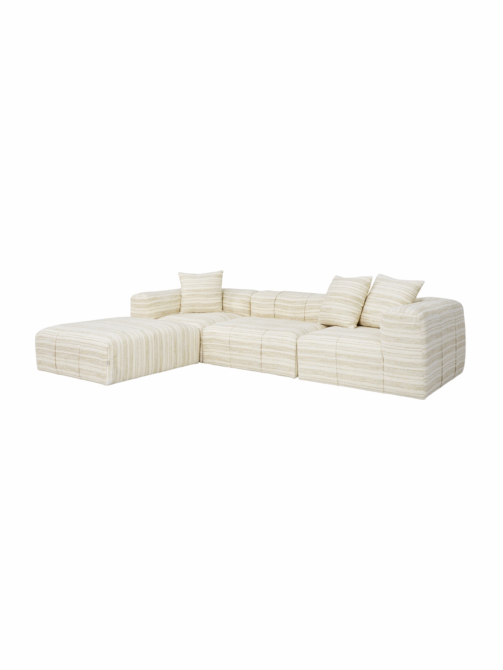 Modular white sofa，Premium modular cloud sectional sofa with deep goose down seating, striped linen-wool fabric, and solid birch wood frame, ideal for modern luxury interiors.