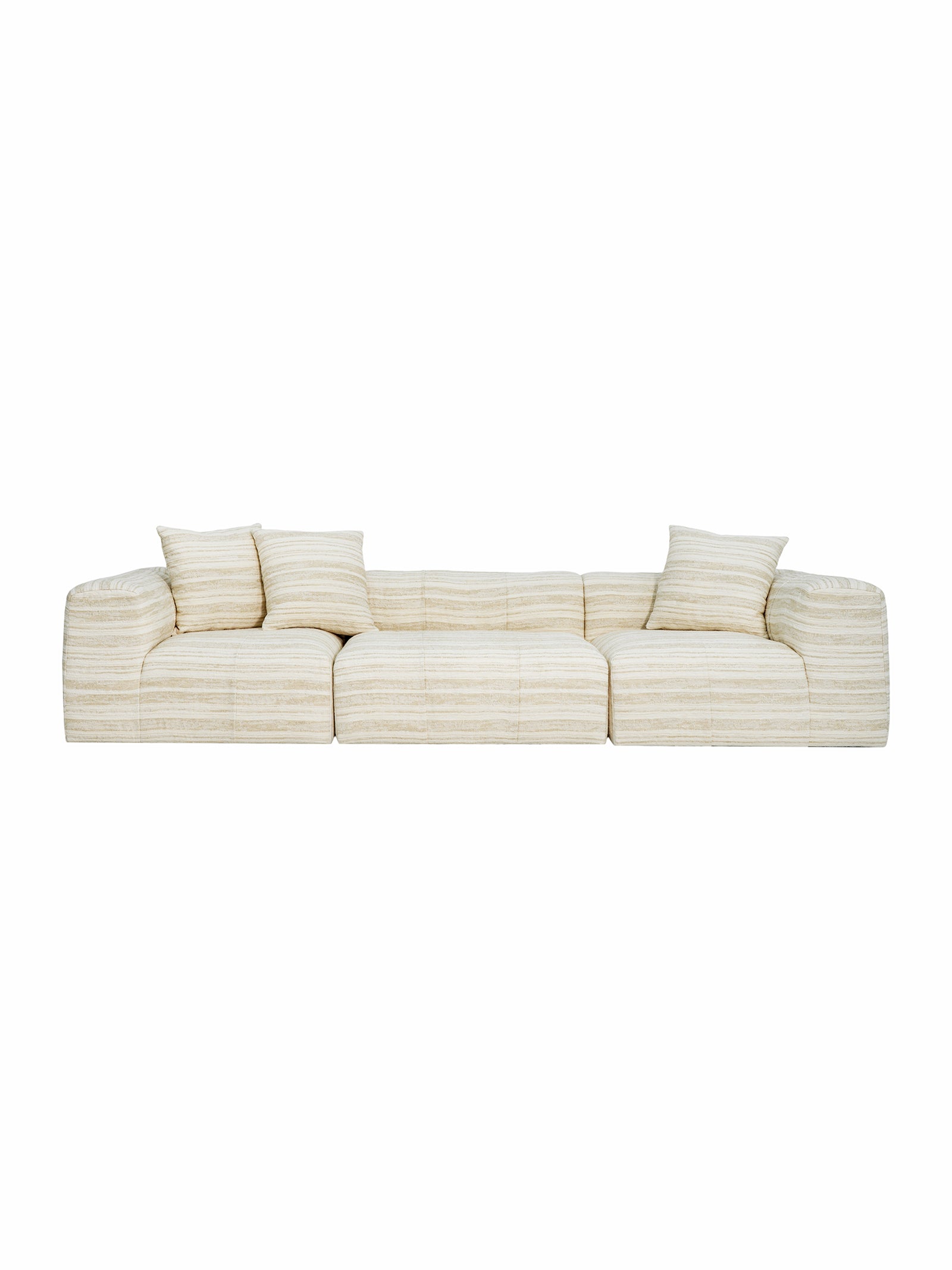 Beige sofa with striped pattern,Premium modular cloud sofa with deep goose down seating, striped linen-wool fabric, and solid birch wood frame, ideal for modern luxury interiors.
