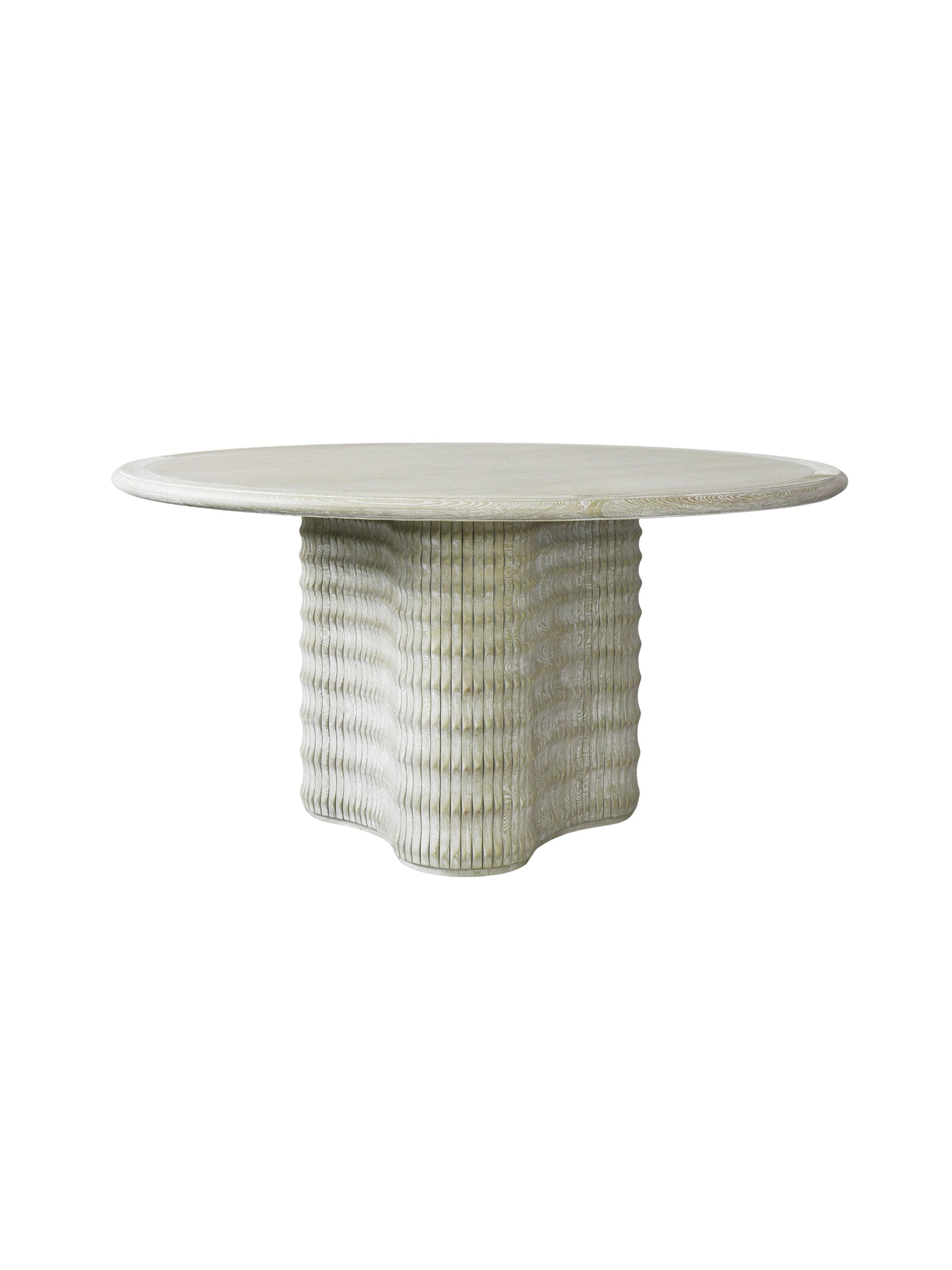 Round table with textured base，Premium quiet luxury dining table with rippled elm wood base, ideal for contemporary dining rooms and boutique hotel restaurants.
