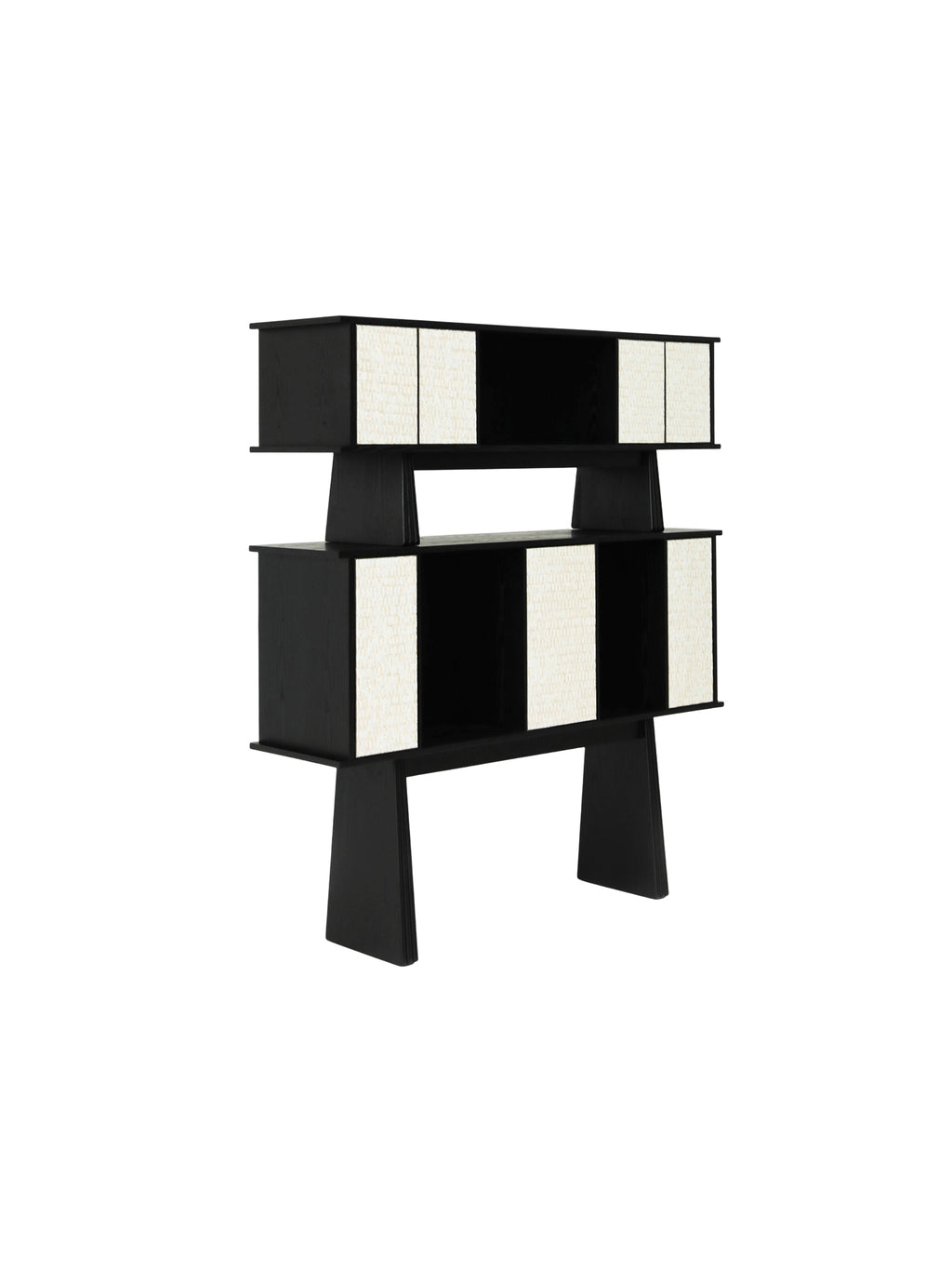 Black and white geometric shelf geometric display cabinet with artistic wood veneer and shell-inspired paneling, modern luxury storage unit for contemporary interiors.