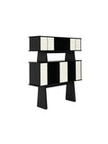 Black and white geometric shelf geometric display cabinet with artistic wood veneer and shell-inspired paneling, modern luxury storage unit for contemporary interiors.