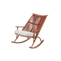 Teak Breeze outdoor rocking lounge chair, teak wood finish with woven rattan and cushions, luxury patio furniture for villas and hotels.
