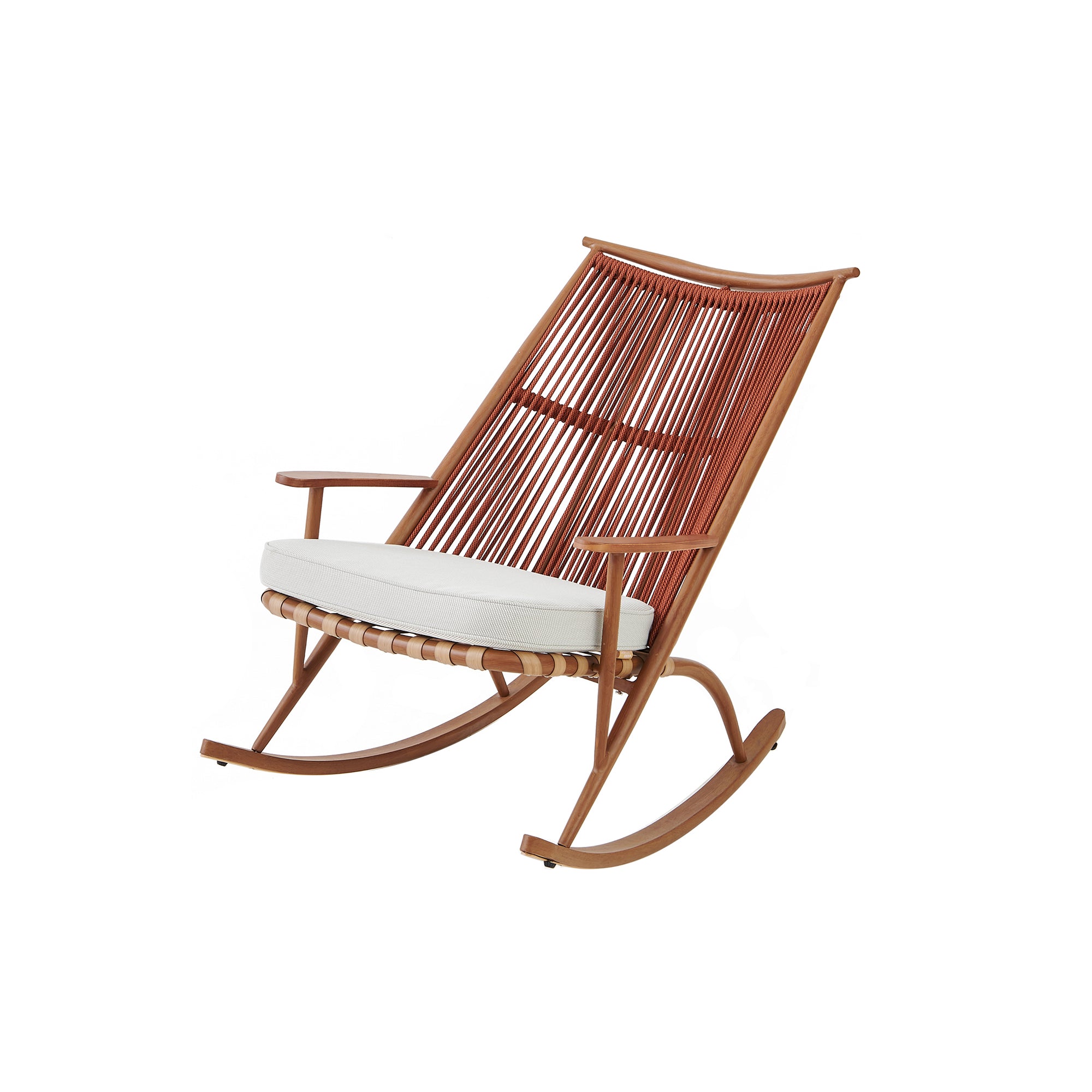 Teak Breeze outdoor rocking lounge chair, teak wood finish with woven rattan and cushions, luxury patio furniture for villas and hotels.

