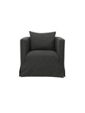 Hawser corded texture fabric swivel indoor single-seater armchair, grey fabric with removable slipcover, luxury indoor accent chair for living rooms and hotels.