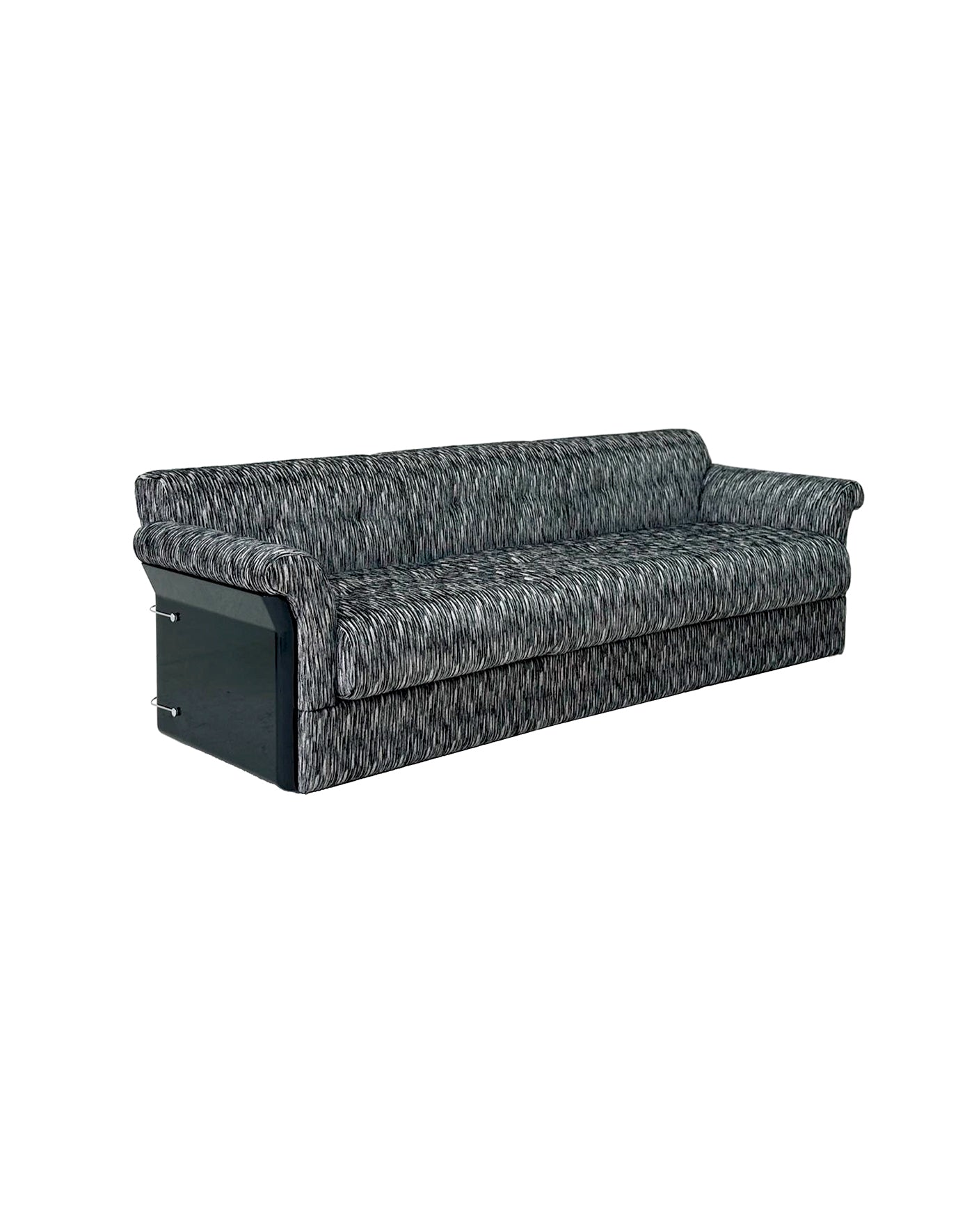 A three-seater sofa with a textured black and gray patterned upholstery and a solid black side panel,  living room sofa, modern textured pattern dark fabric upholstery, solid European beech wood frame, quiet luxury moody dark aesthetic designer home furniture.