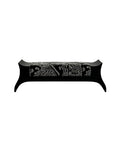 A black wooden bench with curved legs and a detailed white inlay depicting a traditional floral and geometric pattern on the seat, Premium vintage patterned upholstered solid wood bench with artistic curved silhouette, works as entryway bench, dining extra seating and bedroom end-of-bed bench for villas and boutique hotels.
