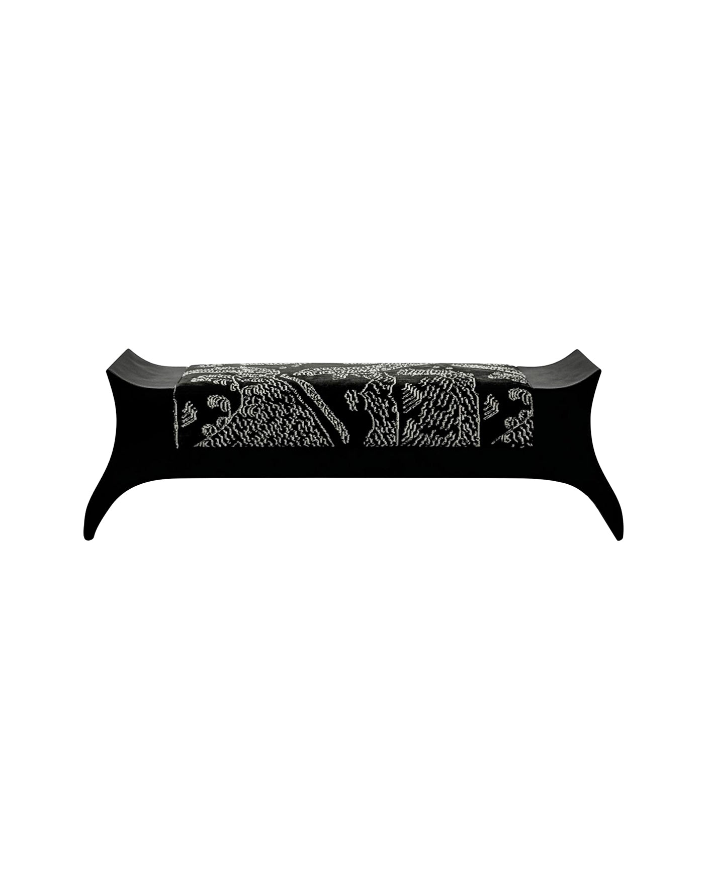 A black wooden bench with curved legs and a detailed white inlay depicting a traditional floral and geometric pattern on the seat, Premium vintage patterned upholstered solid wood bench with artistic curved silhouette, works as entryway bench, dining extra seating and bedroom end-of-bed bench for villas and boutique hotels.
