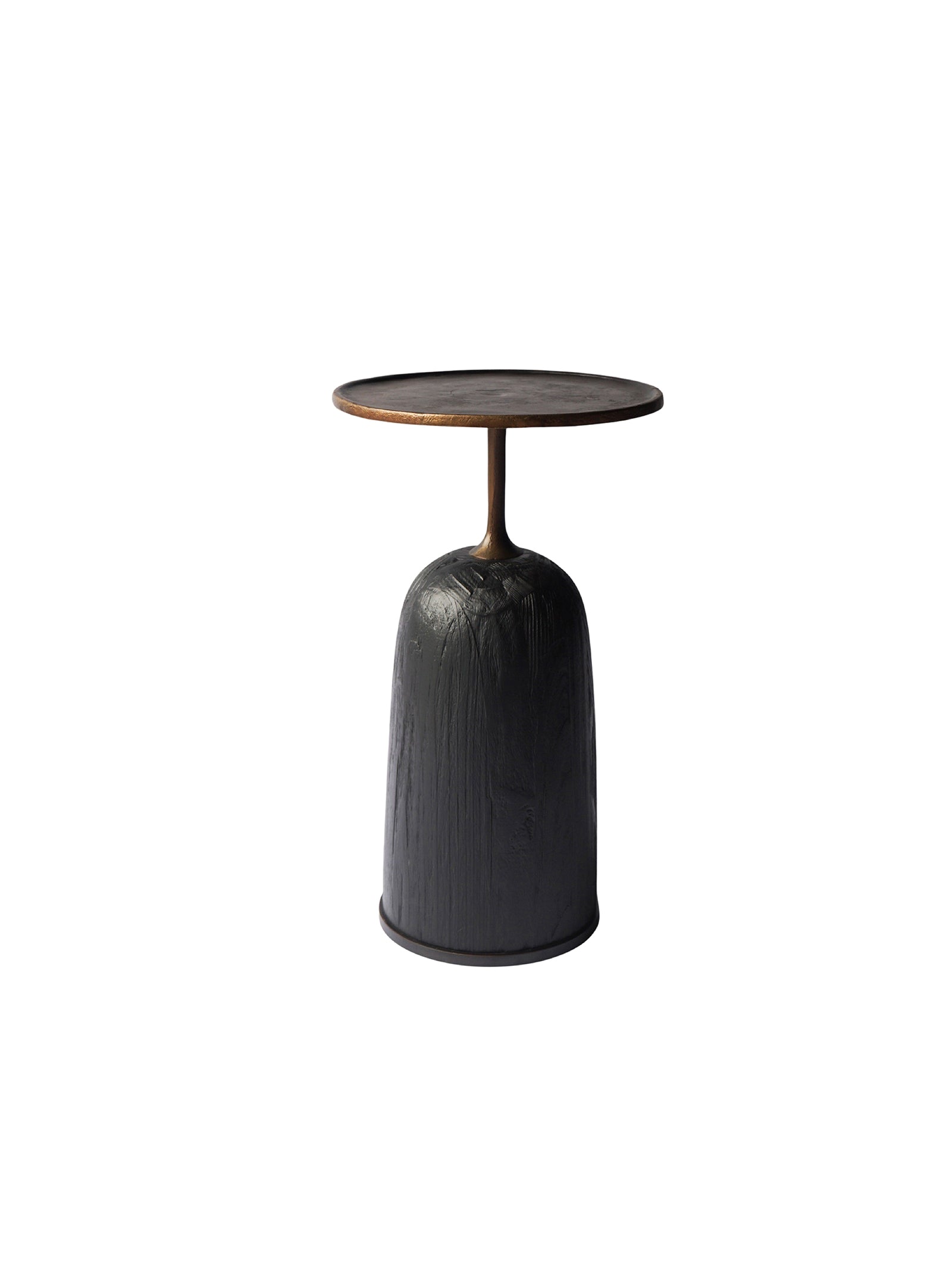 Black side table with a round top ，sculptural martini side table with hand-carved pine base and aged aluminum alloy top, umber oak finish.
